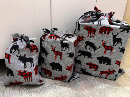 Reusable Christmas Gift Bags - Grey Moose and Bear