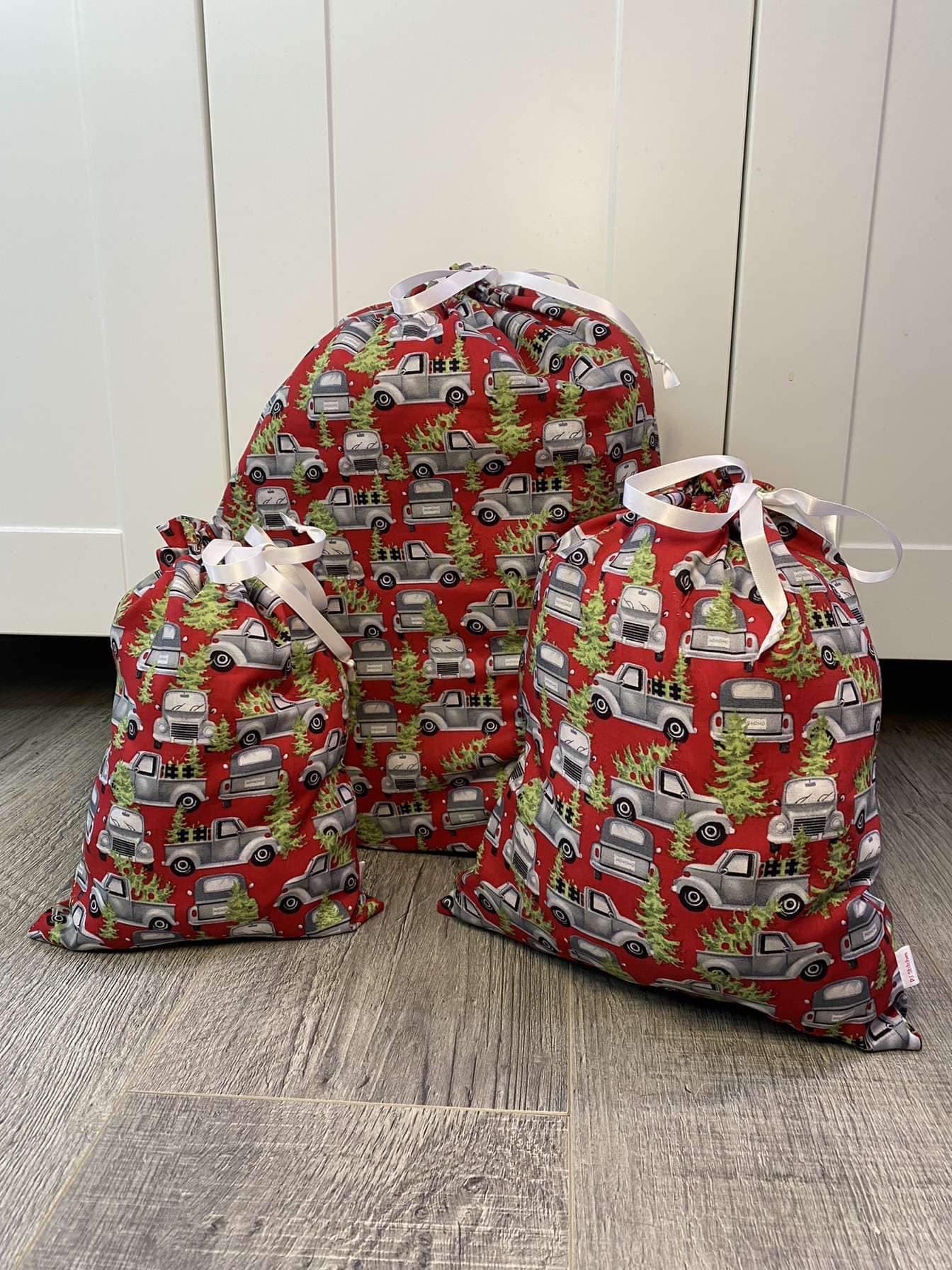 Reusable Christmas Gift Bags - Red Pick Up Trucks