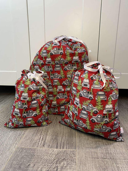 Reusable Christmas Gift Bags - Red Pick Up Trucks