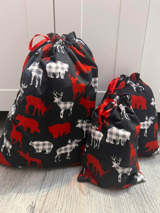 Reusable Christmas Gift Bags - Dark Grey/Red Moose