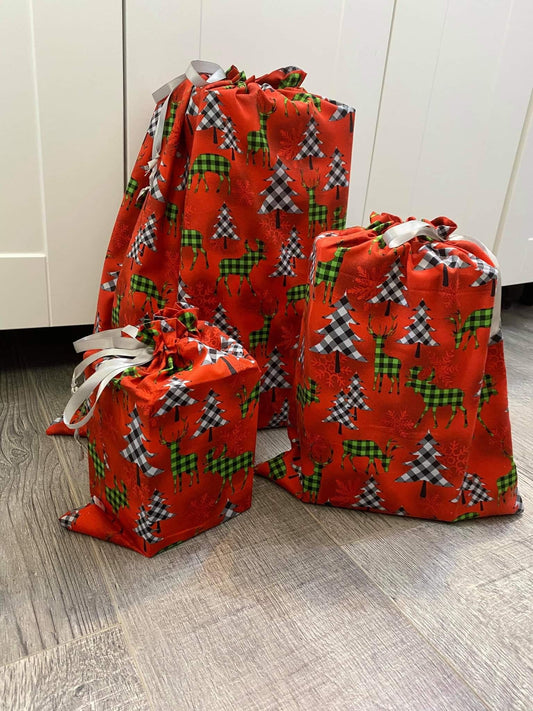 Reusable Christmas Gift Bags - Red Check Deer